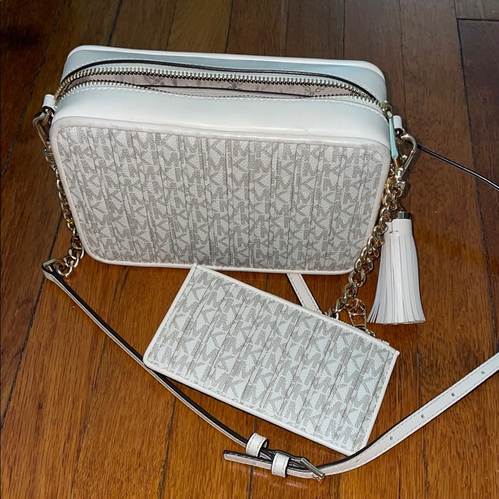 Elegant White and Gray Crossbody Bag with Monogram Design